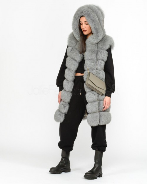 Frame Gilet in Volpe Grigio Medio Lungo con Cappuccio