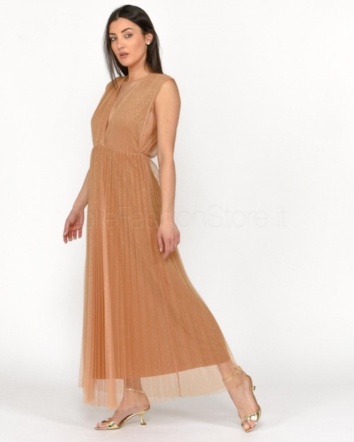 Solo Tre Abito Lungo in Tulle Plissé Bronzo  M1B0146 BU 64S