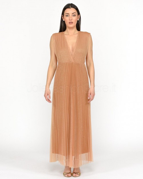 Solo Tre Abito Lungo in Tulle Plissé Bronzo  M1B0146 BU 64S