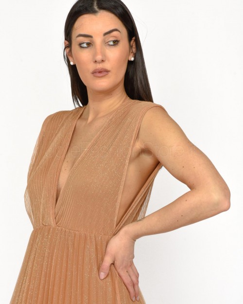 Solo Tre Abito Lungo in Tulle Plissé Bronzo  M1B0146 BU 64S