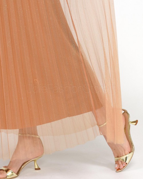 Solo Tre Abito Lungo in Tulle Plissé Bronzo  M1B0146 BU 64S