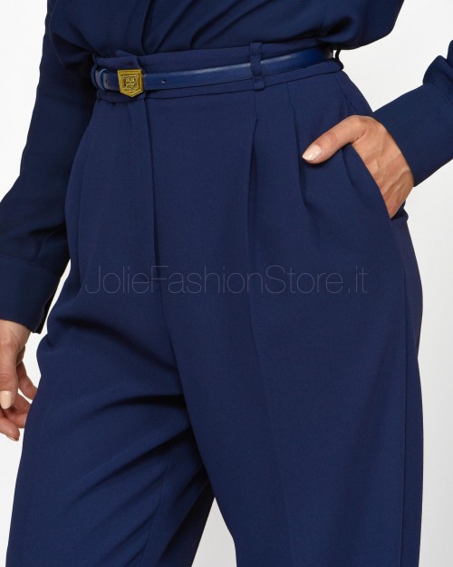 Elisabetta Franchi Pantalone con Ricamo e Cintura Navy  PA02846E2 B75