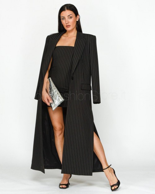 Patrizia Pepe Cappotto Lungo Gessato in Flanella Black Stripes