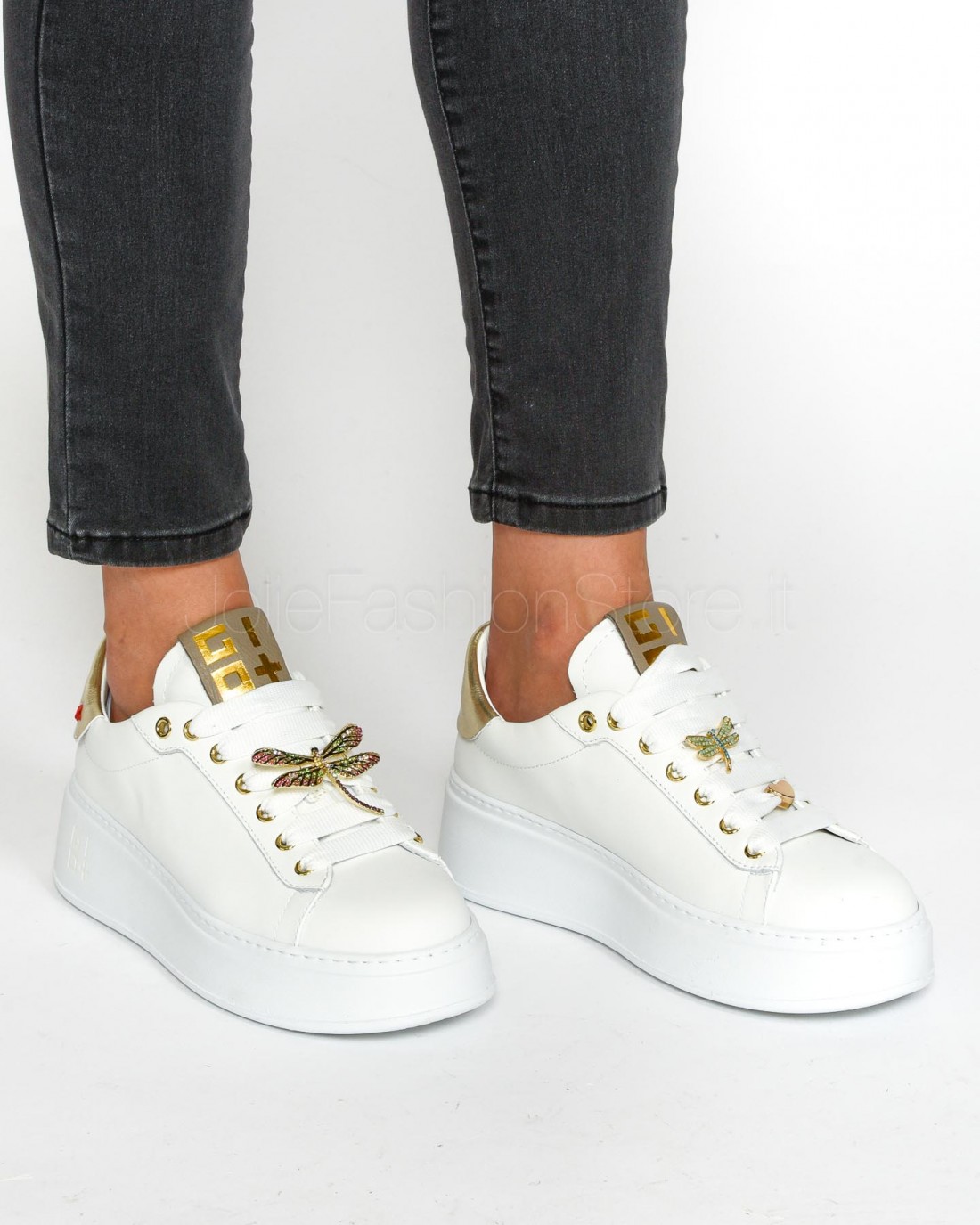 Gio+ Sneakers in Pelle Bianca Oro Libellula  PIA232B BIANCA GOLD