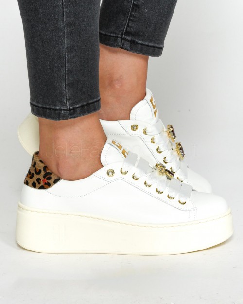 Gio+ Sneakers in Pelle Bianca Leopardato Tortora  PIA270A BIANCA LEO