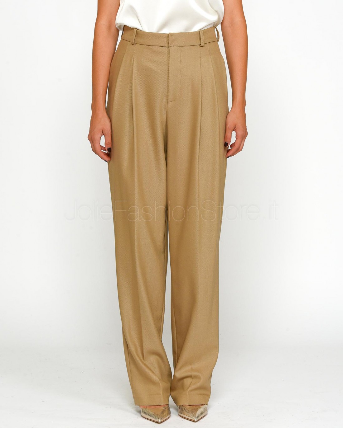 Elisabetta Franchi Pantalone Ampio in Fresco di Lana Camel  PA03346E2 032