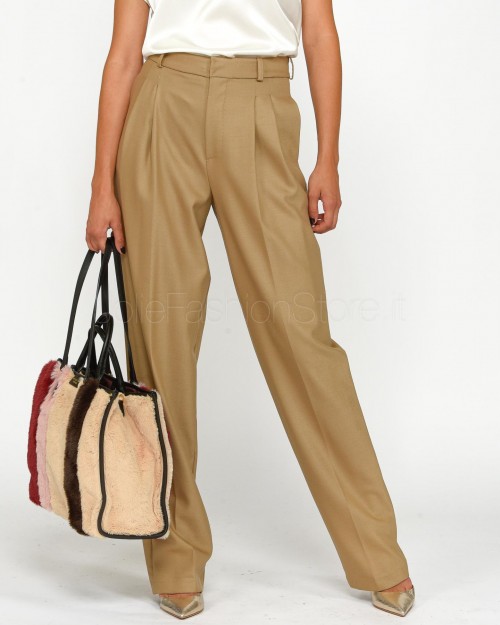 Elisabetta Franchi Pantalone Ampio in Fresco di Lana Camel