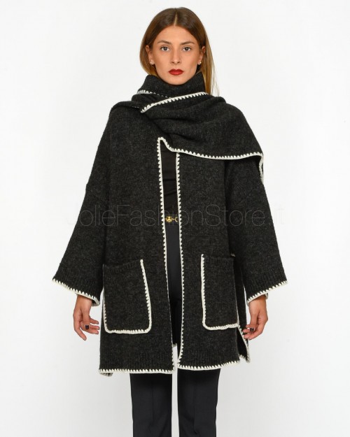 MEIMEIJ Cardigan Poncho con Sciarpa Nero con Impuntura Bianco  M4IZ66 10066