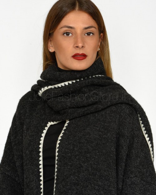 MEIMEIJ Cardigan Poncho con Sciarpa Nero con Impuntura Bianco  M4IZ66 10066