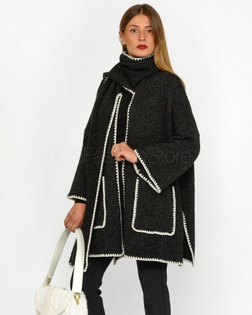 MEIMEIJ Cardigan Poncho con Sciarpa Nero con Impuntura Bianco  M4IZ66 10066