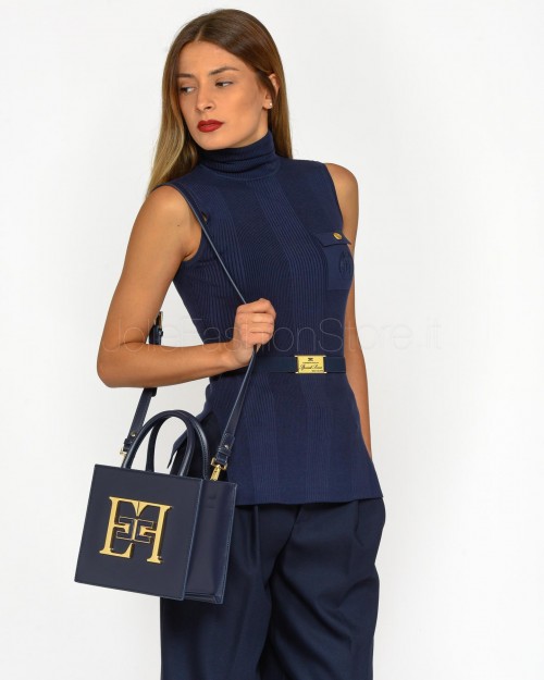 Elisabetta Franchi Top In Maglia di Viscosa e Seta Navy con Cintura