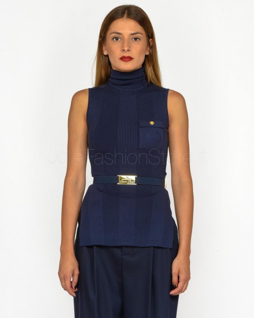 Elisabetta Franchi Top In Maglia di Viscosa e Seta Navy con Cintura  MK14B46E2 B75