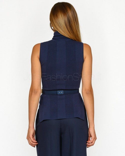 Elisabetta Franchi Top In Maglia di Viscosa e Seta Navy con Cintura  MK14B46E2 B75