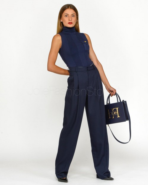 Elisabetta Franchi Pantalone Ampio in Fresco di Lana Navy  PA03346E2 B75