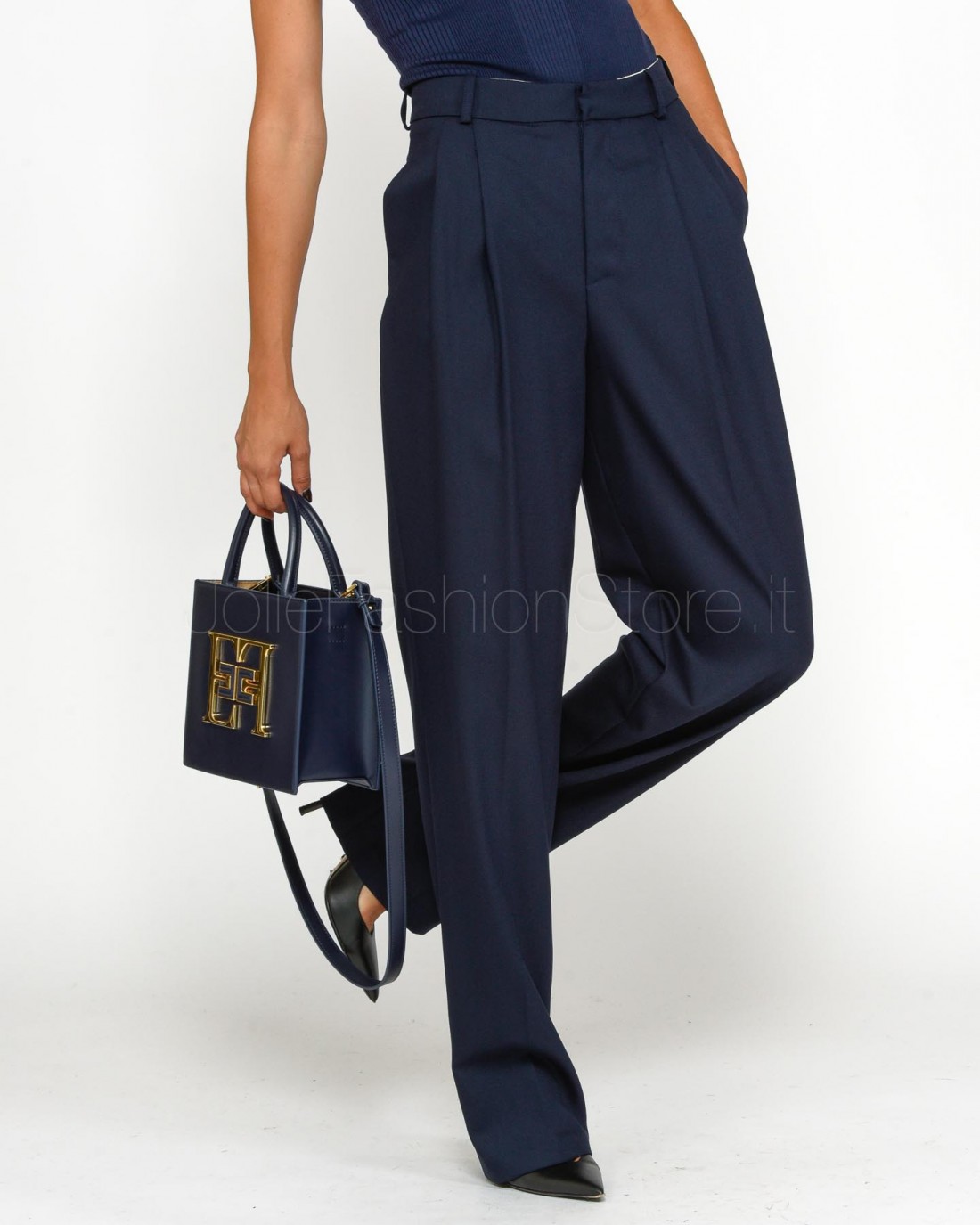 Elisabetta Franchi Pantalone Ampio in Fresco di Lana Navy  PA03346E2 B75