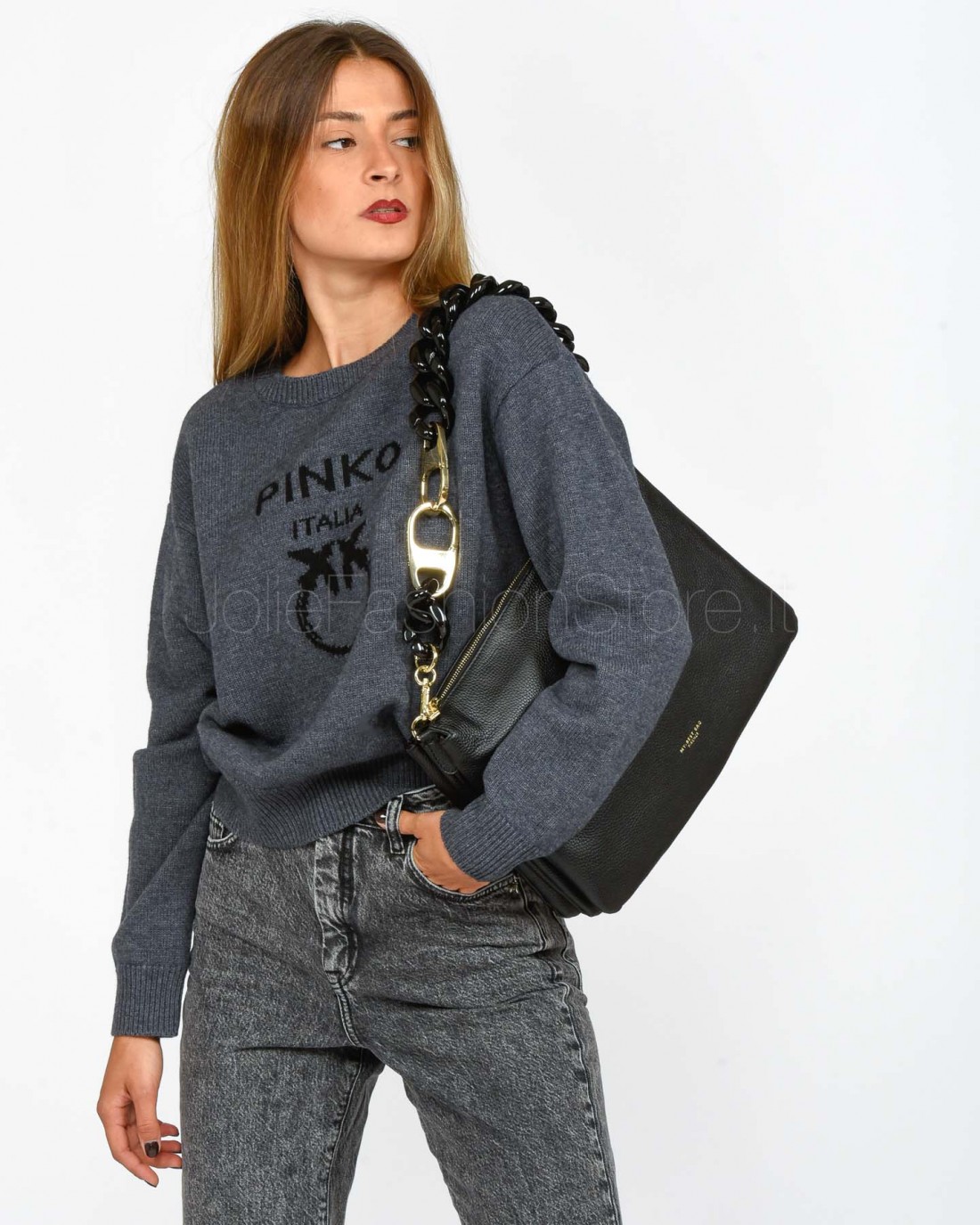 Pinko BURGOS SWEATER 100 %LANA LOGO IN GREY/BLACK  100414 Y7Z4 IZ9