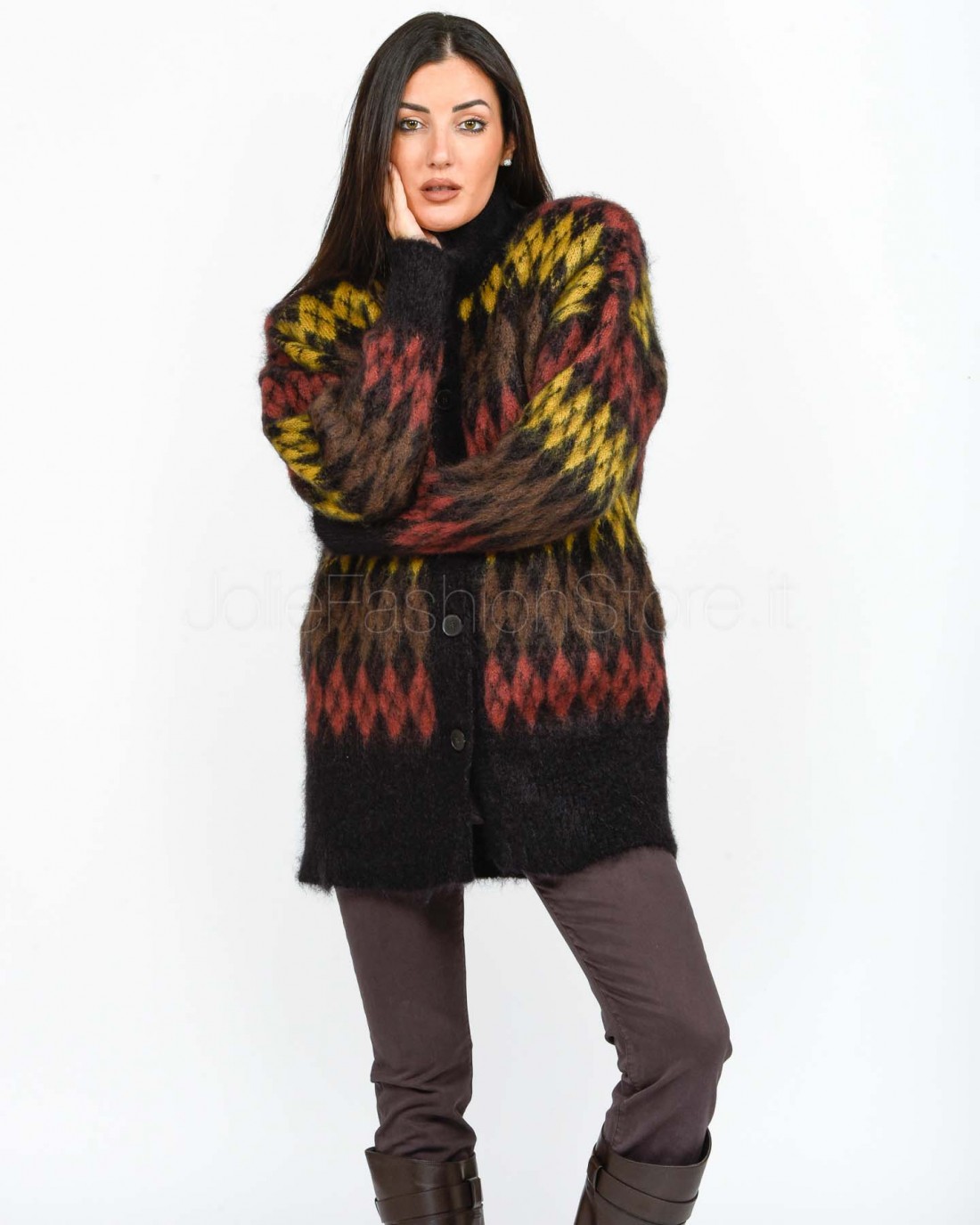 Solo Tre Cardigan Fantasia Losanga Nero Fondente  M3S0069 SV 419