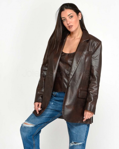 Pinko NOVENTA IMITATION LEATHER JACKET ACCO BROWN-COFFEE BEAN