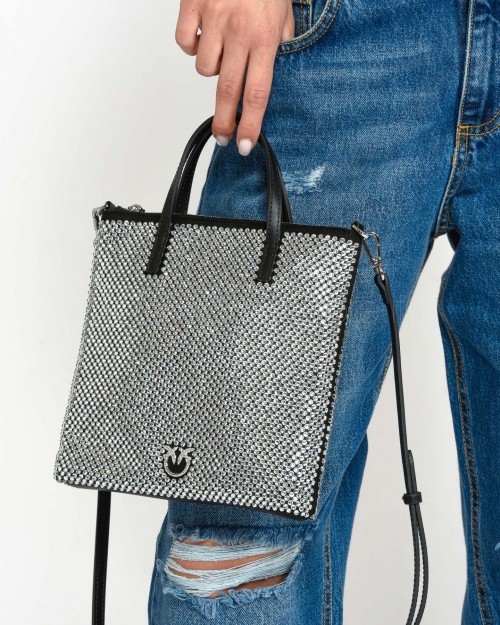 Pinko MINI SHOPPER FULL STRASS JEWEL BLACK LIMOUSINE-SHINY NICKEL