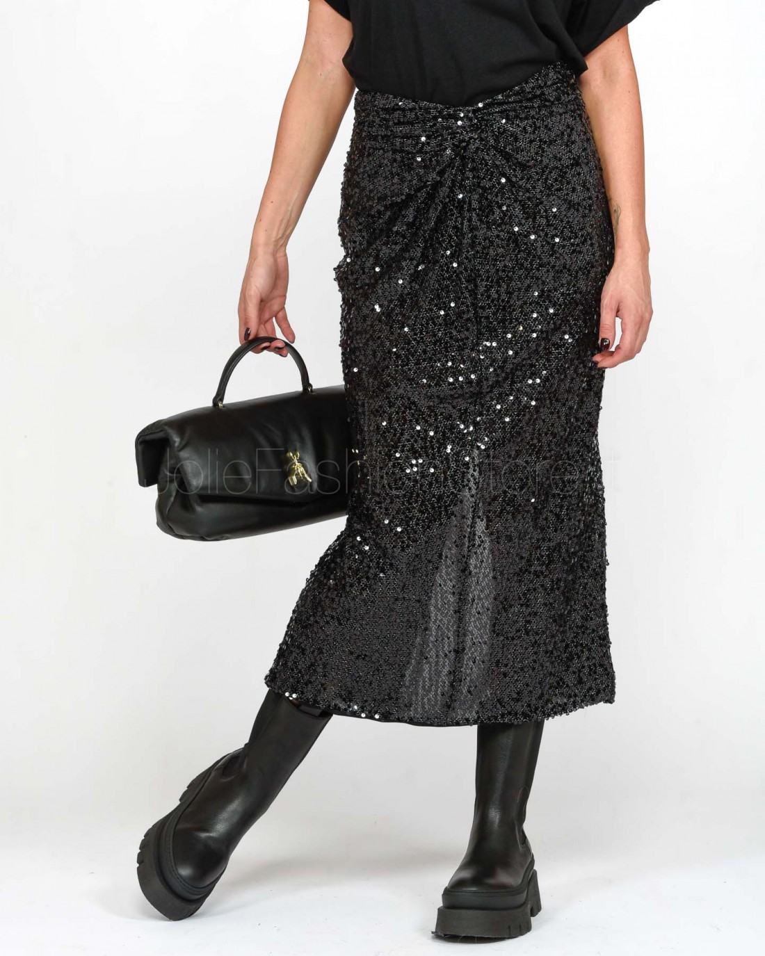 Solo Tre Black Sequin Midi Skirt  M1S0137 A 99