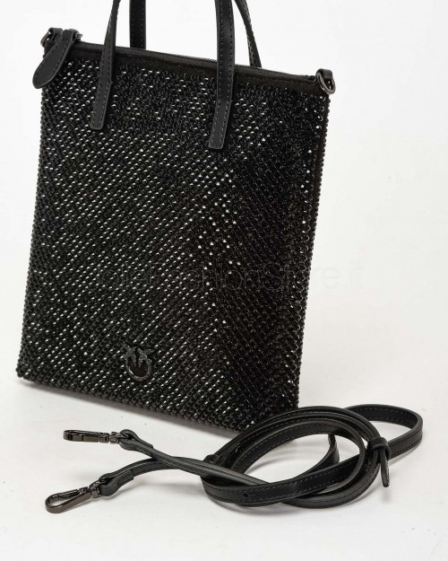 Pinko MINI SHOPPER FULL STRASS JEWEL BLACK LIMOUSINE-GUN METAL  102746 A218 Z99F