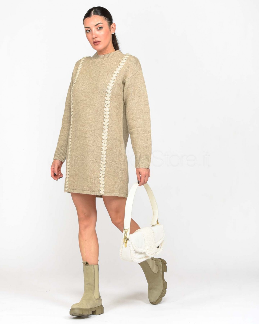 Not Shy Mini Dress in Terre Fumè Knit with Beige Stitching  4509002 TERRE FUME