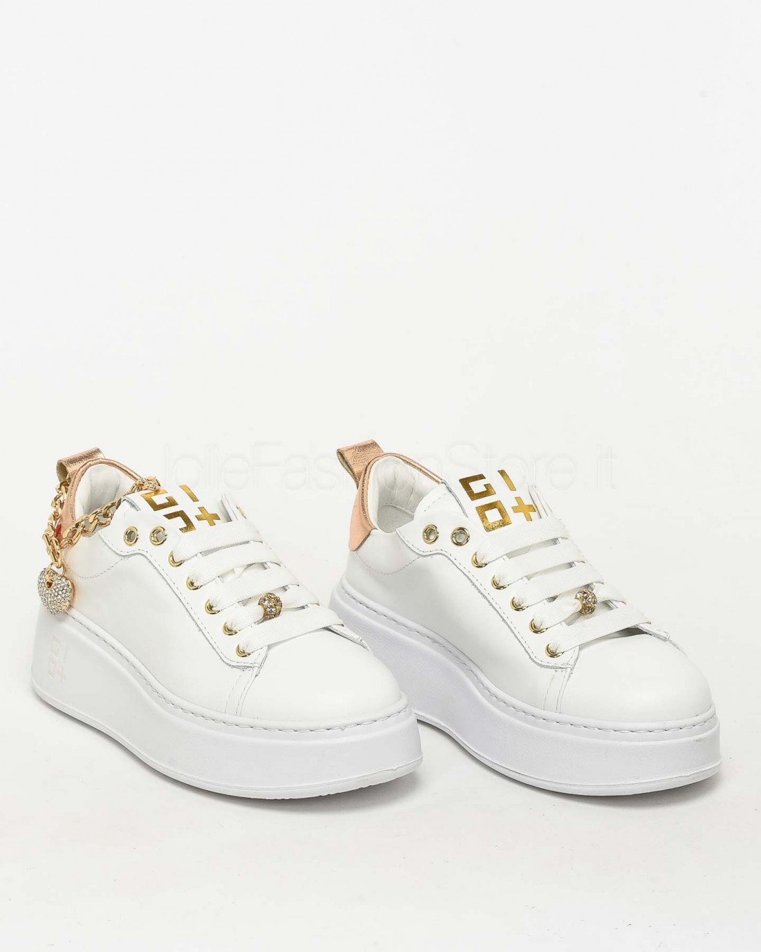 Gio+ Sneakers in Pelle Bianco - Cavigliera Rose  PIA 338B