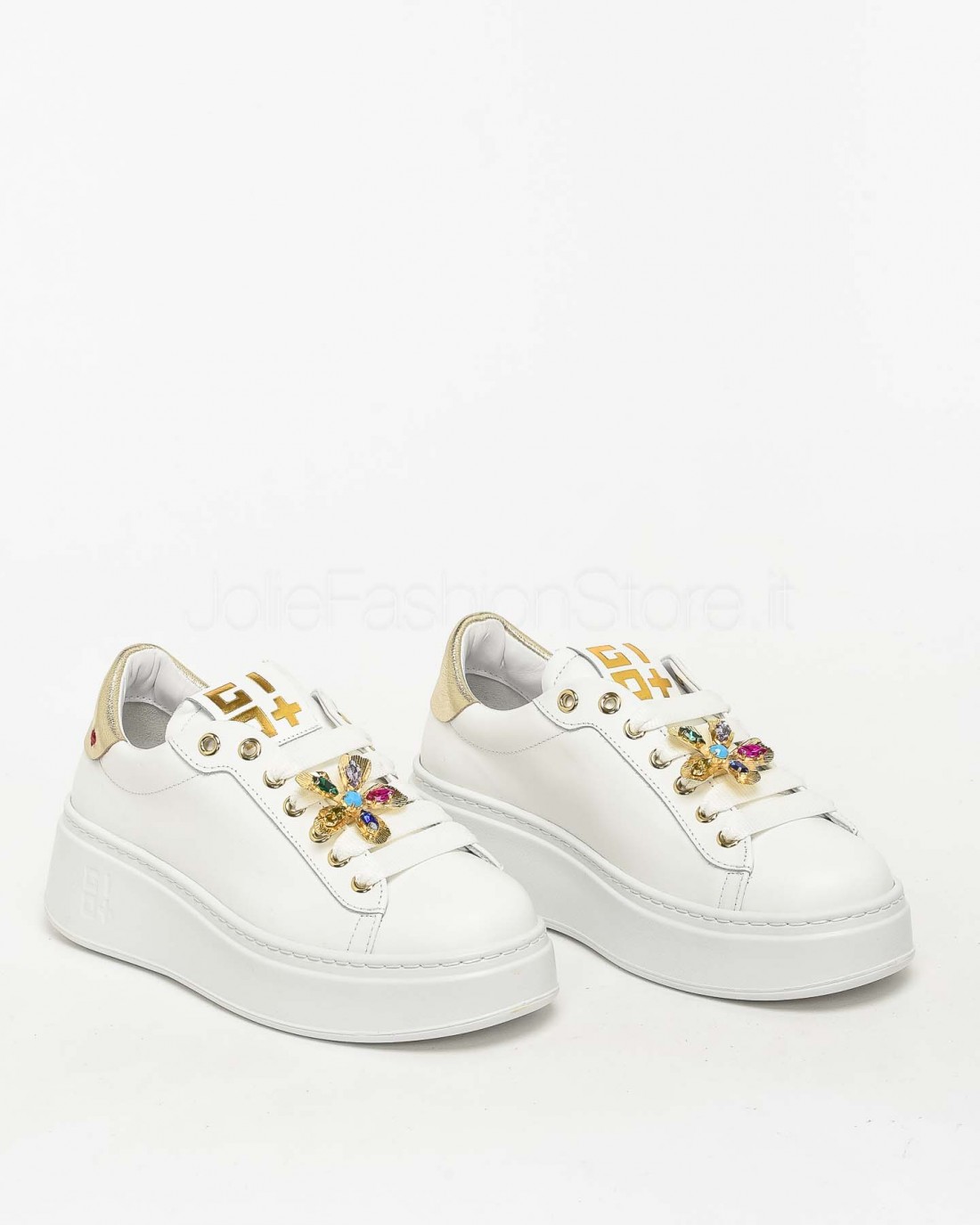 Gio+ Sneakers in Pelle Bianco - Applicazione Fiori  PIA 315A