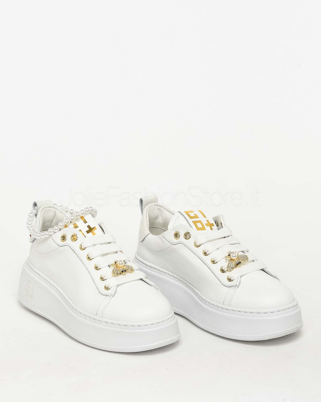 Gio+ Sneakers in Pelle Bianco - Cavigliera Perle  PIA 340A