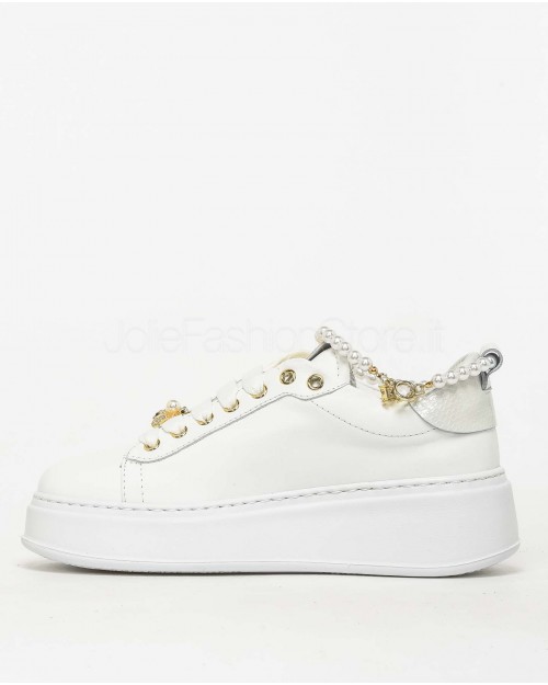 Gio+ Sneakers in Pelle Bianco - Cavigliera Perle  PIA 340A