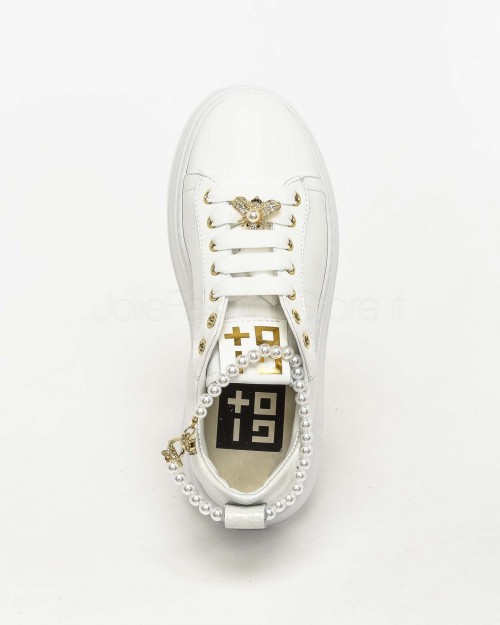 Gio+ Sneakers in Pelle Bianco - Cavigliera Perle  PIA 340A