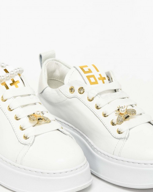 Gio+ Sneakers in Pelle Bianco - Cavigliera Perle  PIA 340A