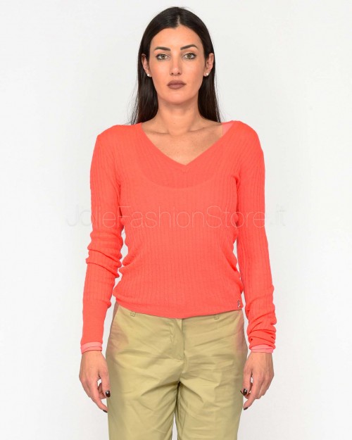 Patrizia Pepe Maglia Super Light Scollo a V Coral Fluo  8K0263 K034 R847